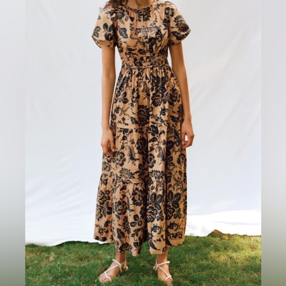 Anthropologie Cream and Brown Puff Sleeve Sundress